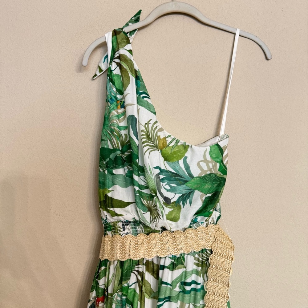 Antonio Melani LINEN Blend Selene Tropical Print One Shoulder Belted Dress Sz 12 - Picture 12 of 16